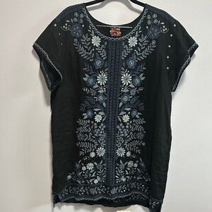Johnny Was Black tunic with Blue and Cream Floral Embroidery